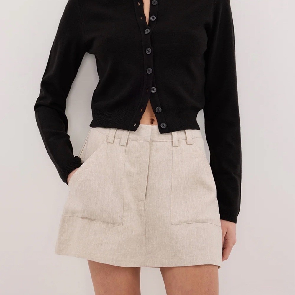 DISSH Eva Linen Mini Skirt High Waisted Patch Pocket Oatmeal Beige Size 10